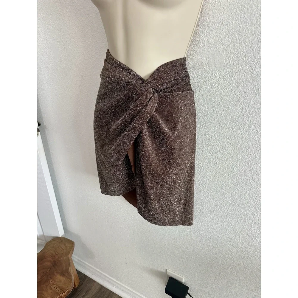 Skims Swim Sarong Mini‎ Skirt NWT Chocolate Brown Glitter Metallic Sz 2X Stretch